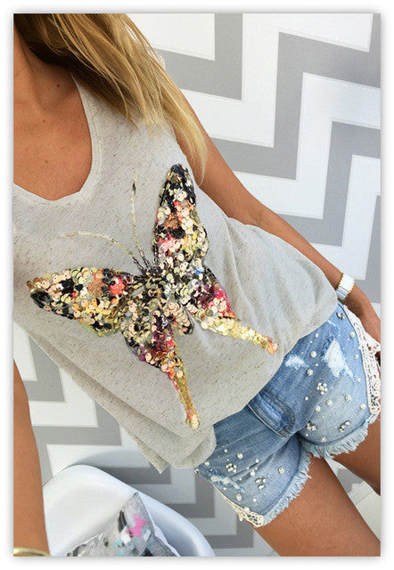 3D Sequined Butterfly Scoop Neck Top – Barefoot Bohemians 3D Sequined Butterfly Scoop Neck Top – Barefoot Bohemians